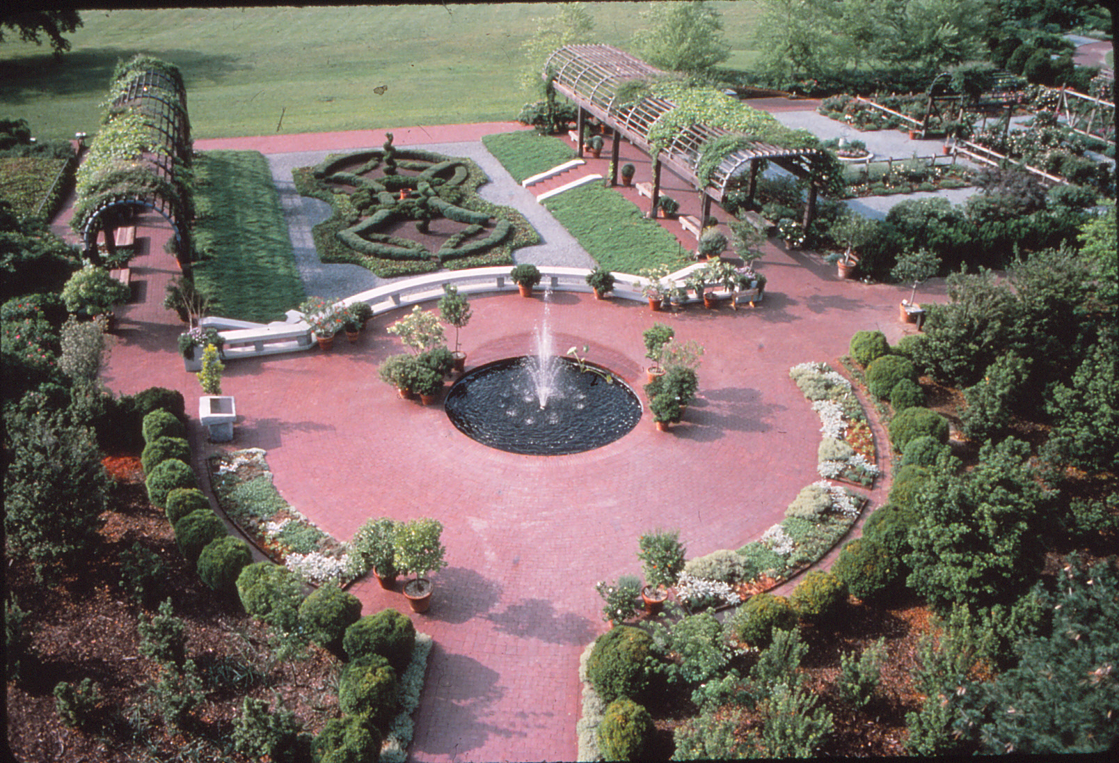 An aerial view of the Herb Garden's entrance garden
